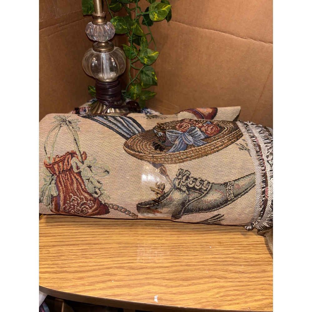 Vintage Style Woven Tapestry  Material Victorian Floral Garden Fringed Beige